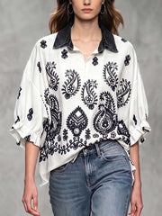 Women's Ethnic Print Cotton Top — Collared 3/4-sleeve Casual Loose Fit