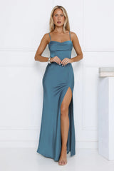 Robe longue en satin formelle Rêve sarcelle