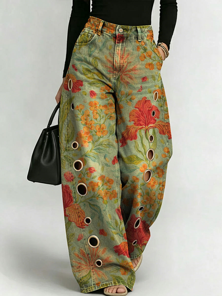 Women's Retro Geometric Floral Patterns Printed Stylish Cutout Casual Denim Jeans