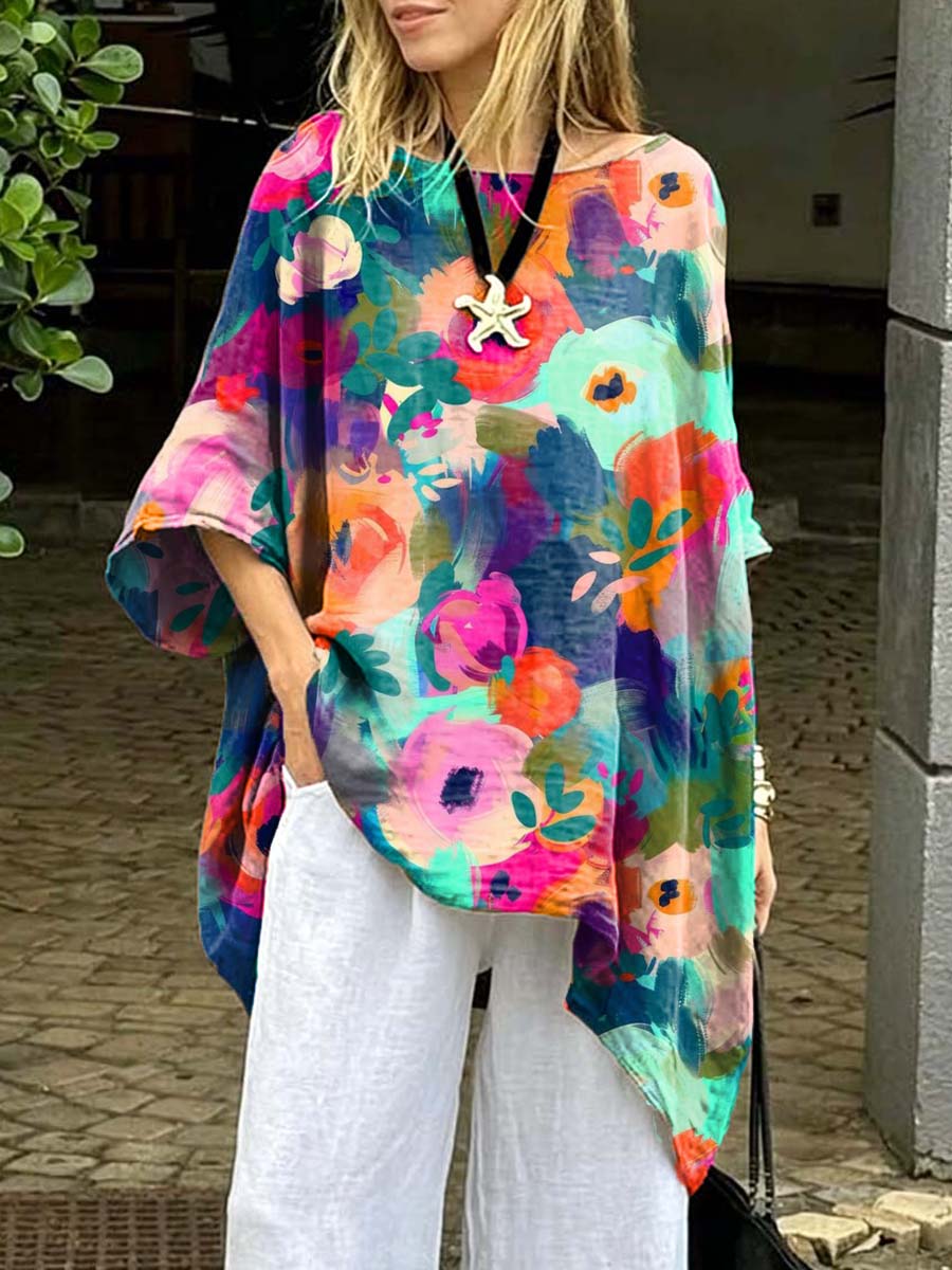 Women's Floral Art Print Casual Cotton Long Shirt