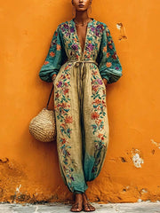 Women's Retro Floral Art Casual Stylish Comfortable Cotton Linen Jumpsuit