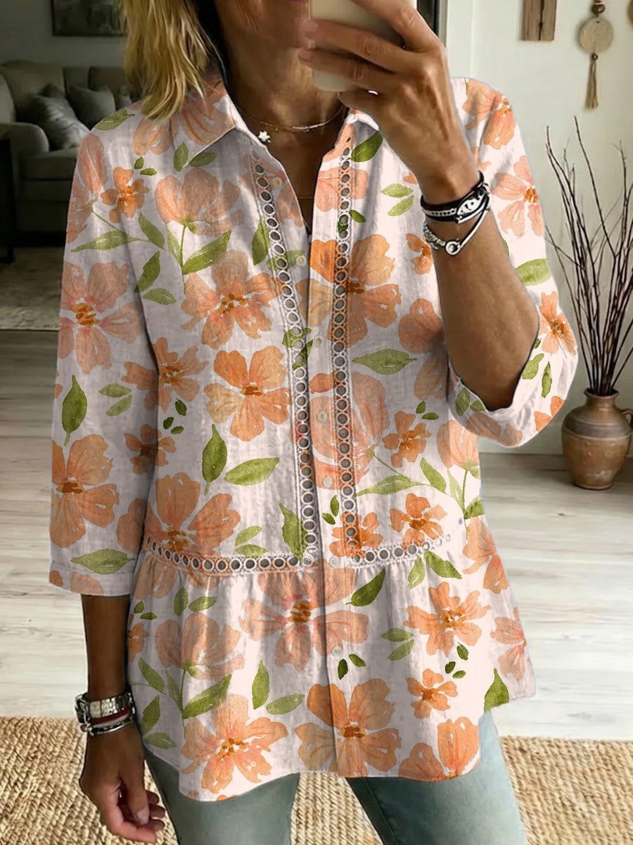 Artistic Floral & Watercolor Print Loose Cotton Top With Cutout Paneling