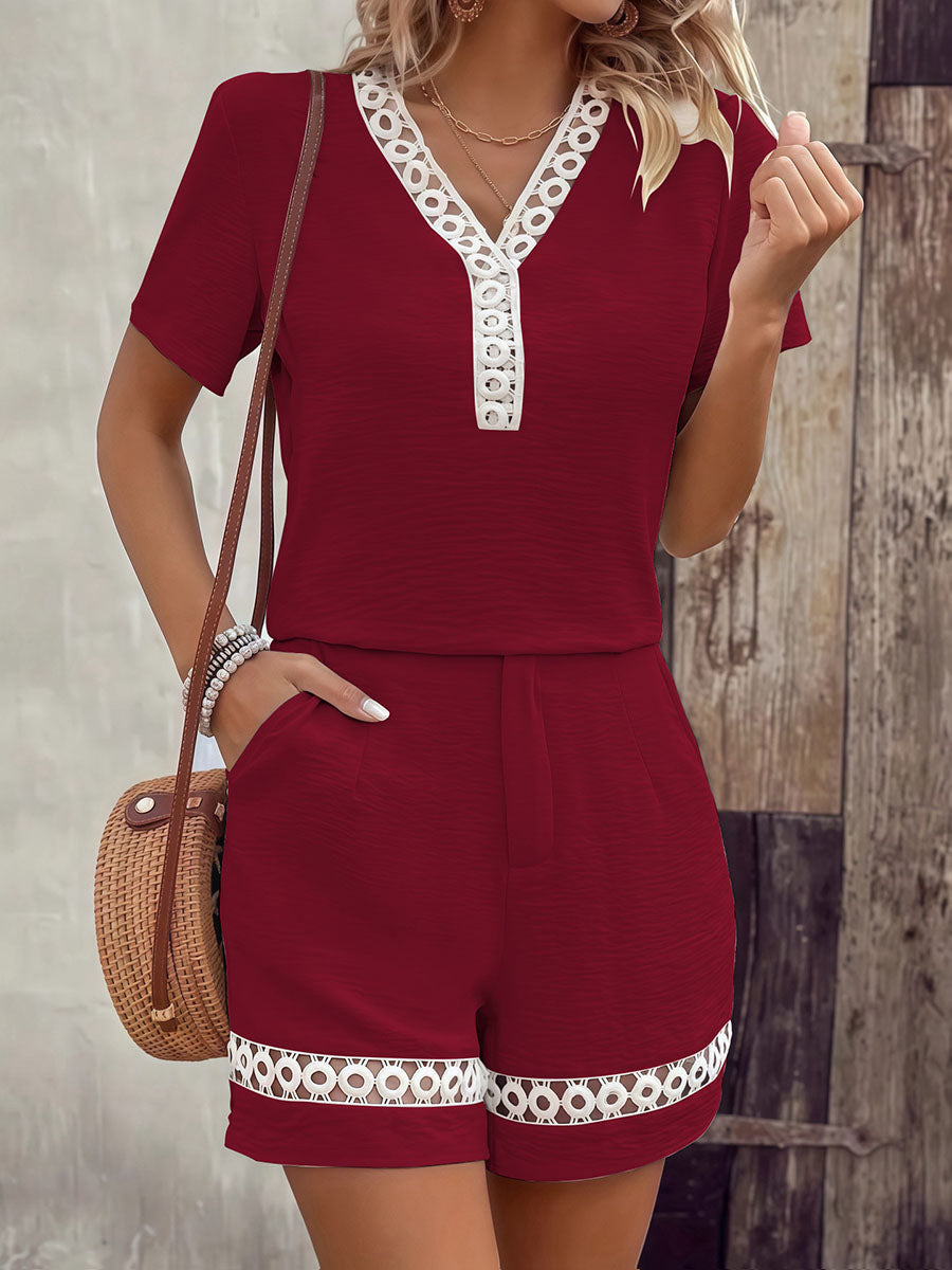 Women's V-neck Short-sleeve Loose-fit Top & High-waisted Wide-leg Shorts Set With Lace Splicing
