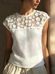 Vintage Floral Sheer Organza Cotton-linen Blouse