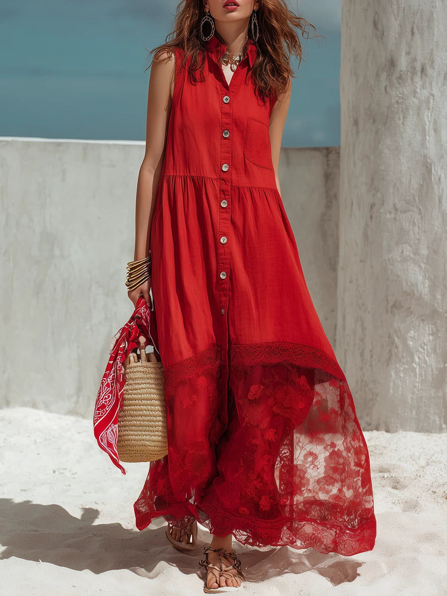 Red Textured Cotton-linen Button-front Lace Spliced Sleeveless Shirt Maxi Dress