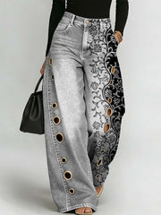 Women's Retro Floral Art Print Casual Stylish Hollow Denim Pants