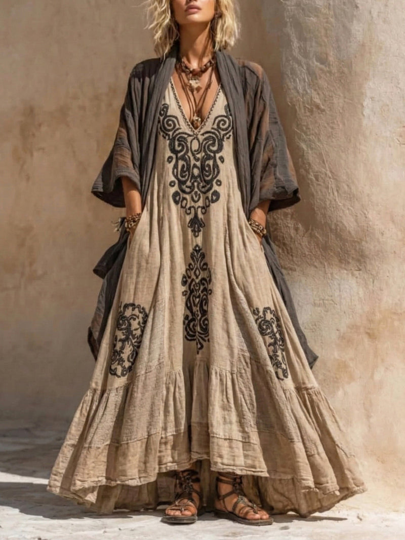 Women’s Cotton-Linen Maxi Dress & Cardigan Set – Breathable Loose Summer Outfit