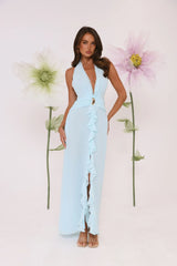 Robe longue dos nu « Nuits de verre marin » bleue