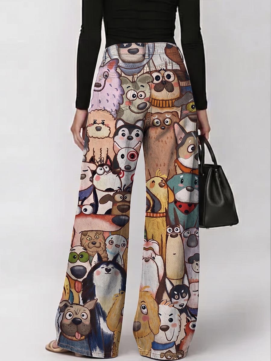 Women's High-waisted Wide-leg Denim Jeans With Cartoon Animal Print