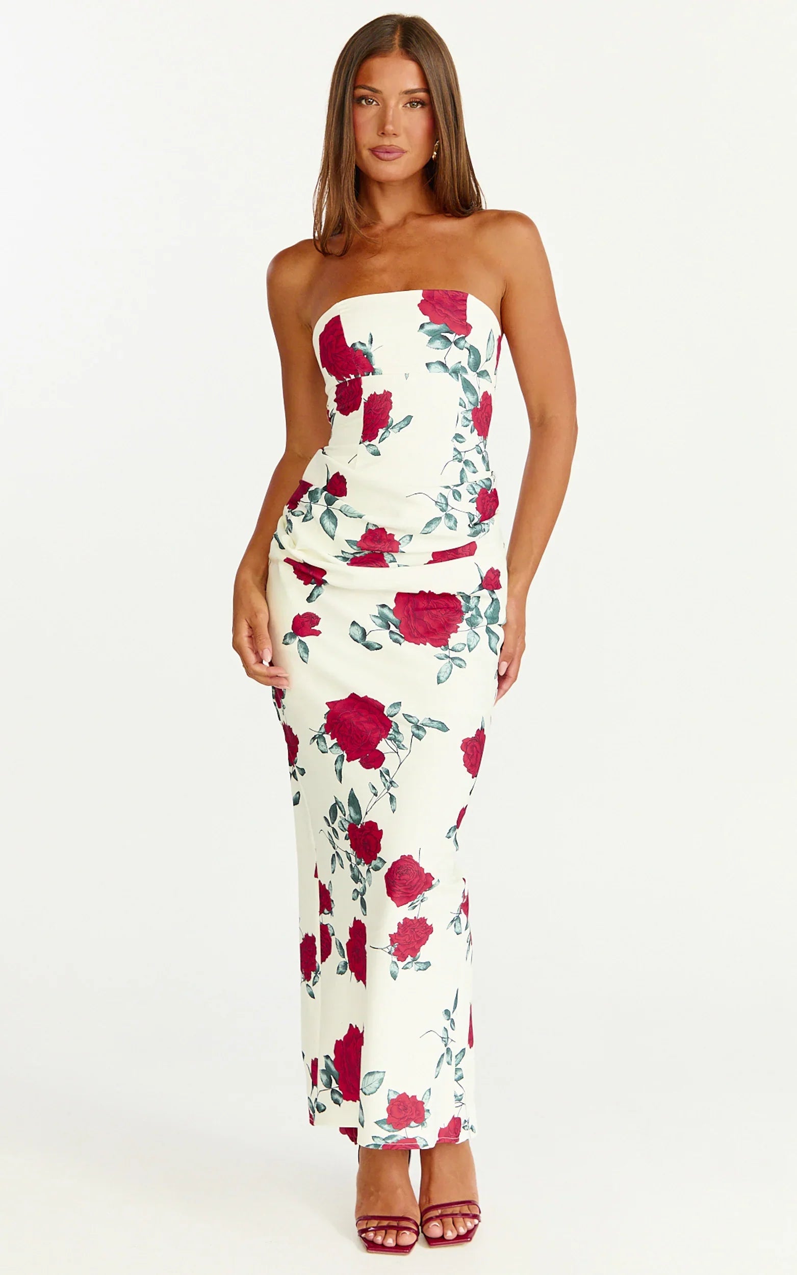 Robe Midi Dahlia - Robe Ajustée Drappée Sans Bretelles à Taille Drapée Imprimé Rose Écarlate