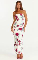 Robe Midi Dahlia - Robe Ajustée Drappée Sans Bretelles à Taille Drapée Imprimé Rose Écarlate