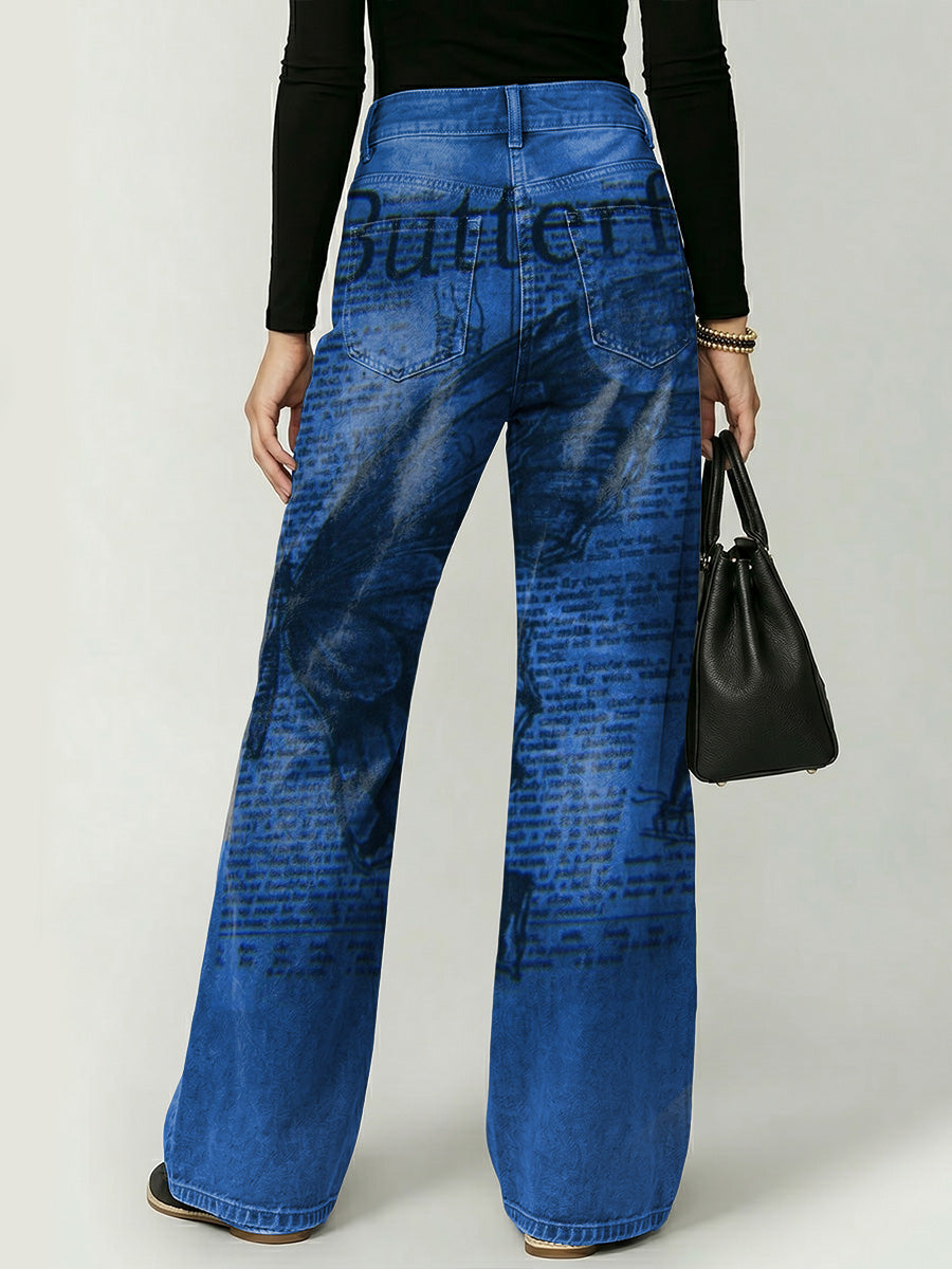 Vintage Butterfly Clippings Decorative Pattern Women's Casual Denim Pants