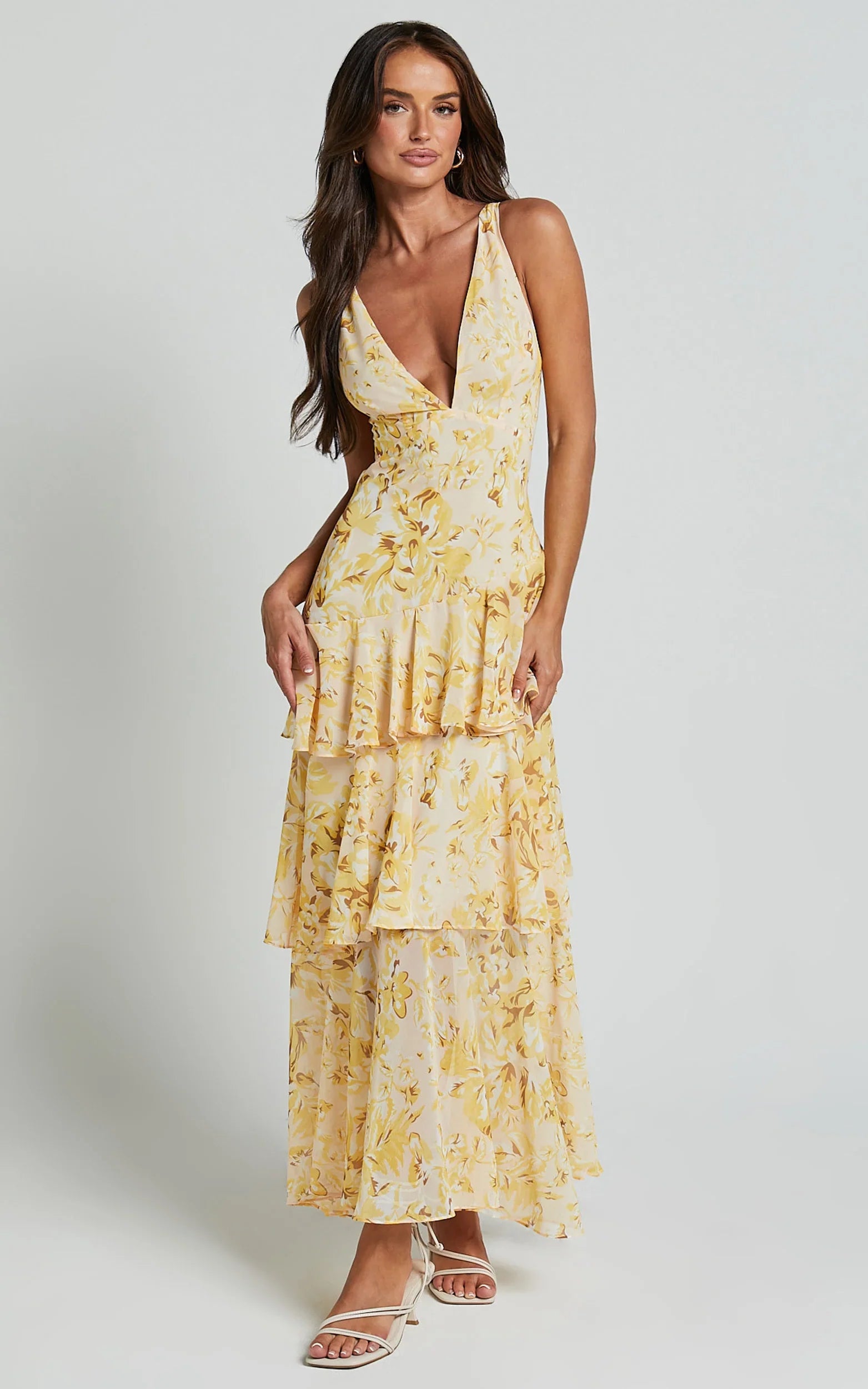 Robe midi Beryl - Robe superposée sans manches col V profond à motif floral jaune