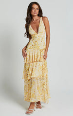 Robe midi Beryl - Robe superposée sans manches col V profond à motif floral jaune