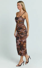 Robe Midi Rosalez – Robe moulante froncée à fines bretelles imprimé floral Ember