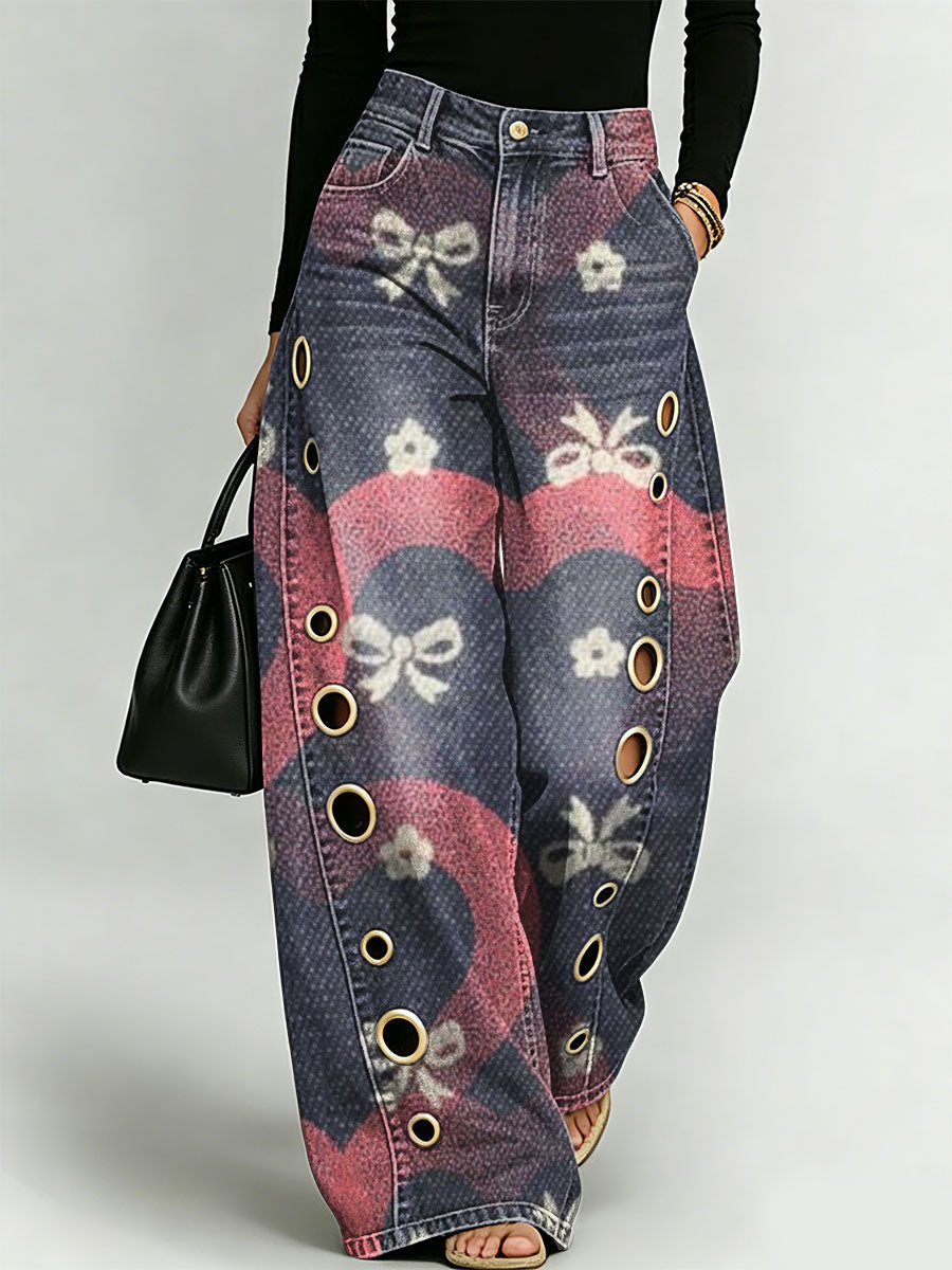 Heart And Bowknot Decorative Pattern Women's Cotton Denim Pants