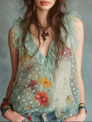 Women's Floral Polka Ruffled Art Casual Stylish Sleeveless Shirt