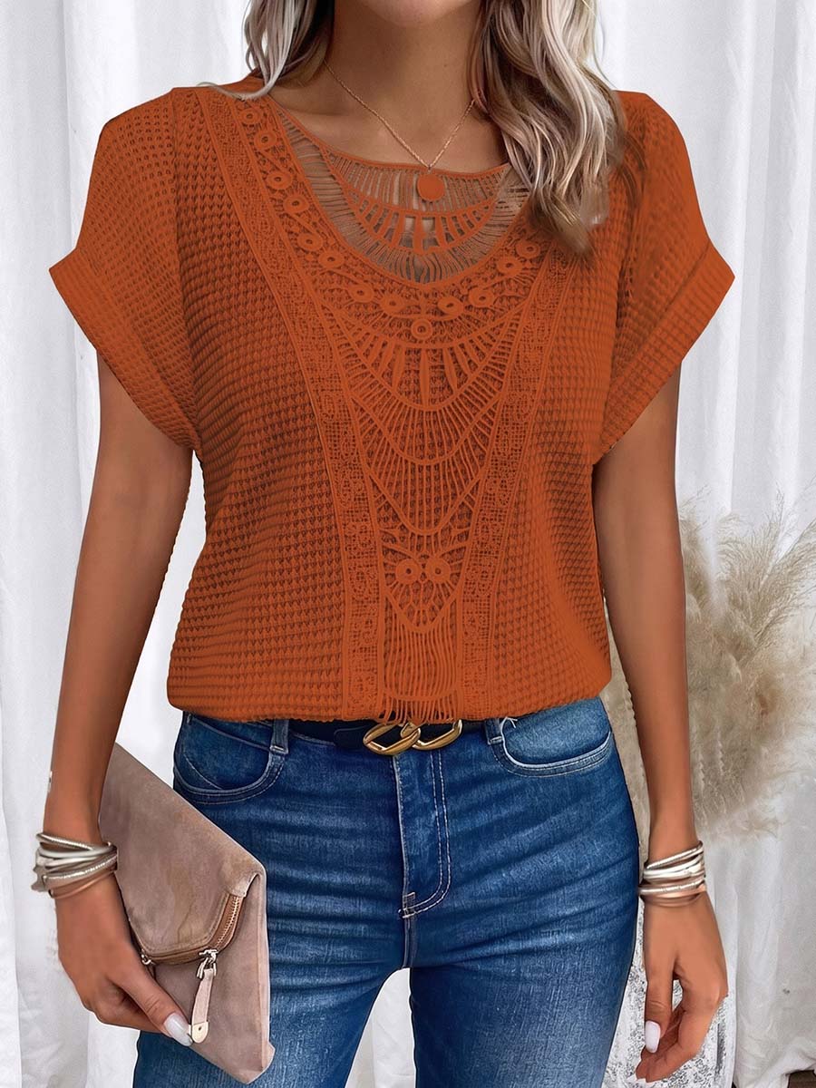 Women's Crew Neck Short-sleeve Casual Loose Top With Lace Splicing