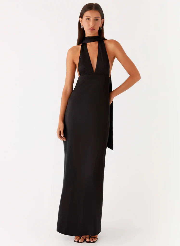 Robe longue dos nu en satin Alicia - Noir