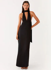 Robe longue dos nu en satin Alicia - Noir