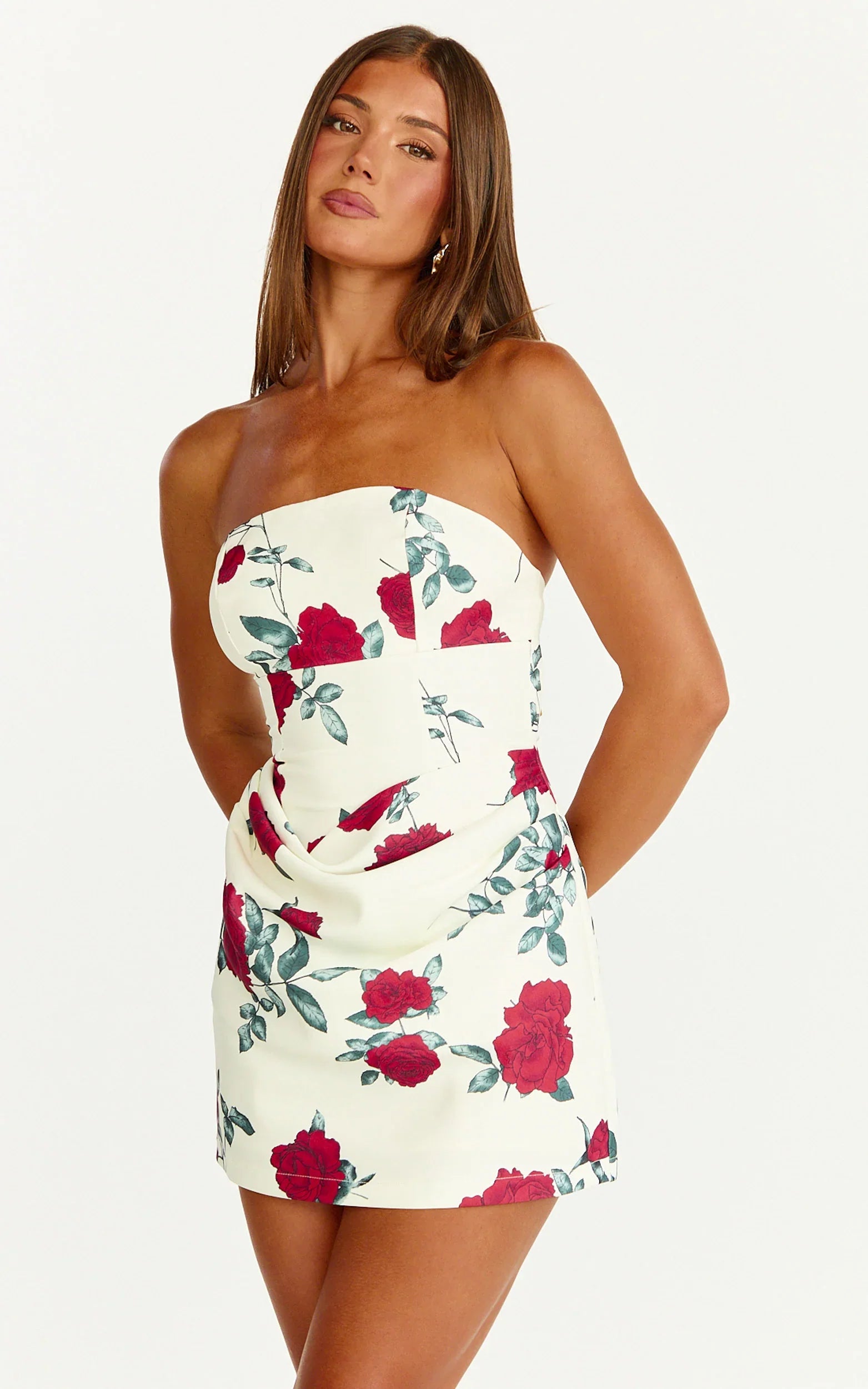 Mini robe Dahlia - Robe moulante bustier drapée avec taille froncée imprimé Rose écarlate