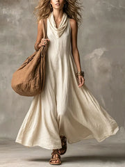 Women's Cowl-neck Sleeveless Cotton-linen Dress
