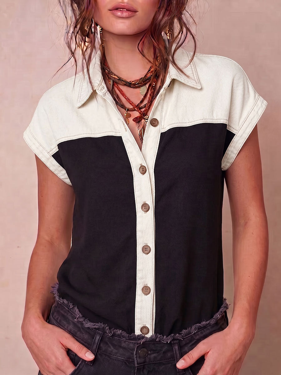 Women's Short-sleeve Casual Loose Top With Shirt Collar And Denim Splicing