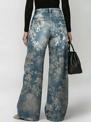 Women's Retro Floral Art Print Casual Stylish Hollow Denim Pants