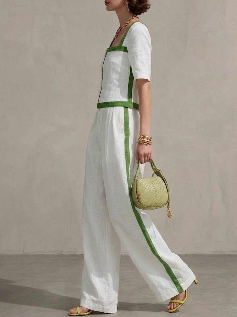 Women's Patchwork Striped Cotton-linen Set