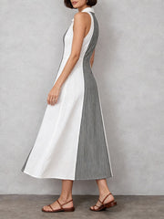 Women's Striped Flared Hem Color-block Lapel Linen Maxi Dress