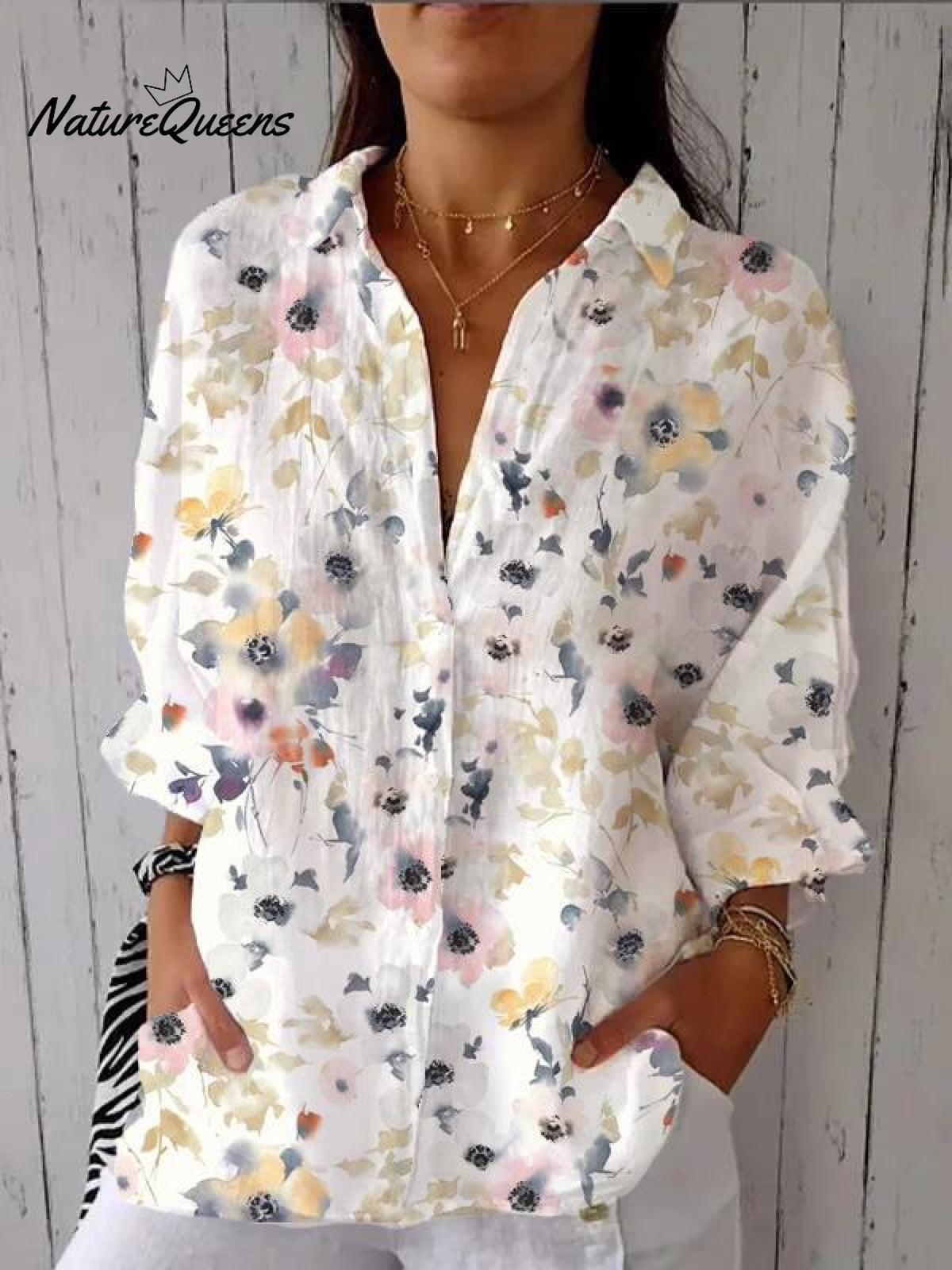 Women's Colorful Watercolor Print Casual Linen V-neck Shirt