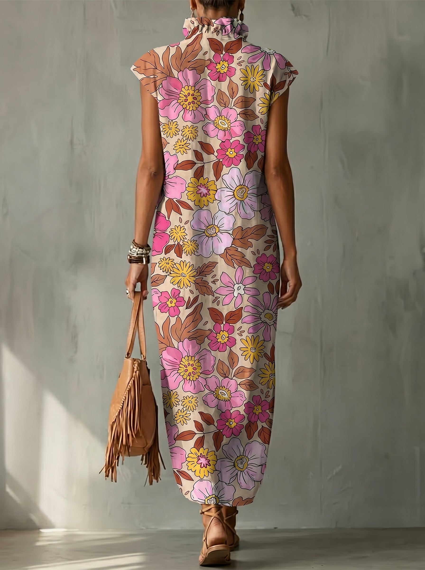 Elegant Colorful Floral Decorative Pattern Women's No Sleeve Bud Collar Linen Cotton Dress