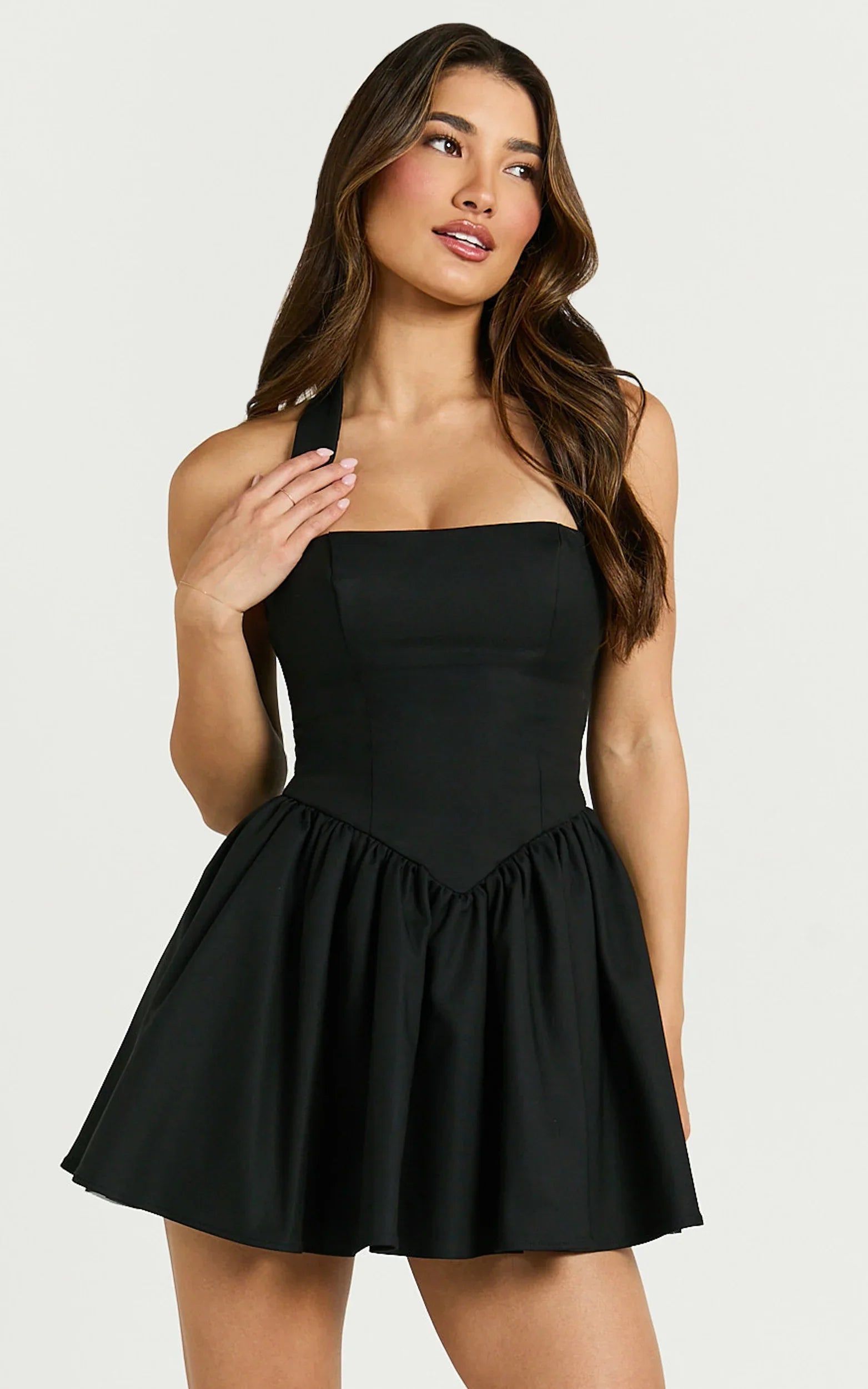 Mini-robe Helda - Robe à col montant à nouer et à empiècement corset noire