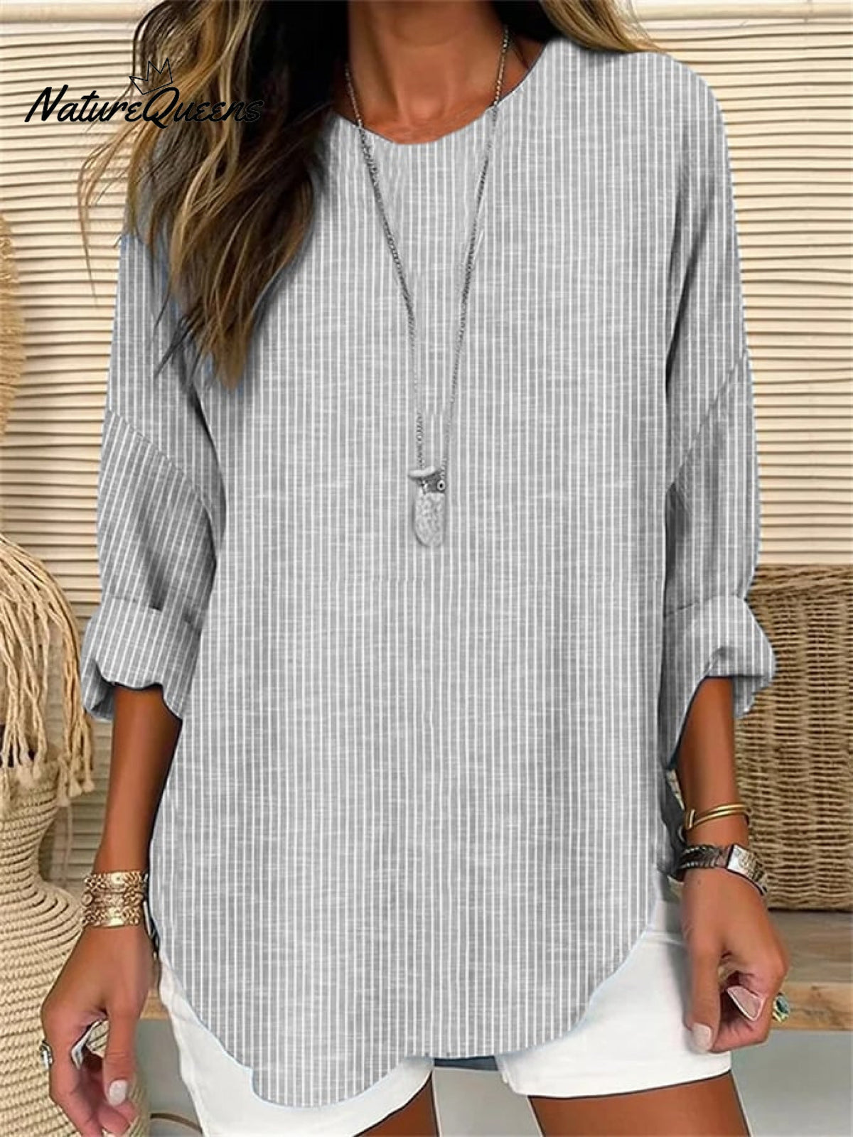 Women's Retro Striped Design Loose Long Sleeve Crew Neck Top