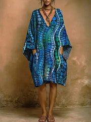 Women's Retro Blue Polka Dot Stripes Print Short-sleeve Cotton-linen Dress