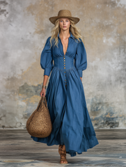 Stylish Blue Denim V-neck Button-downWith Flared Hem Maxi Dress