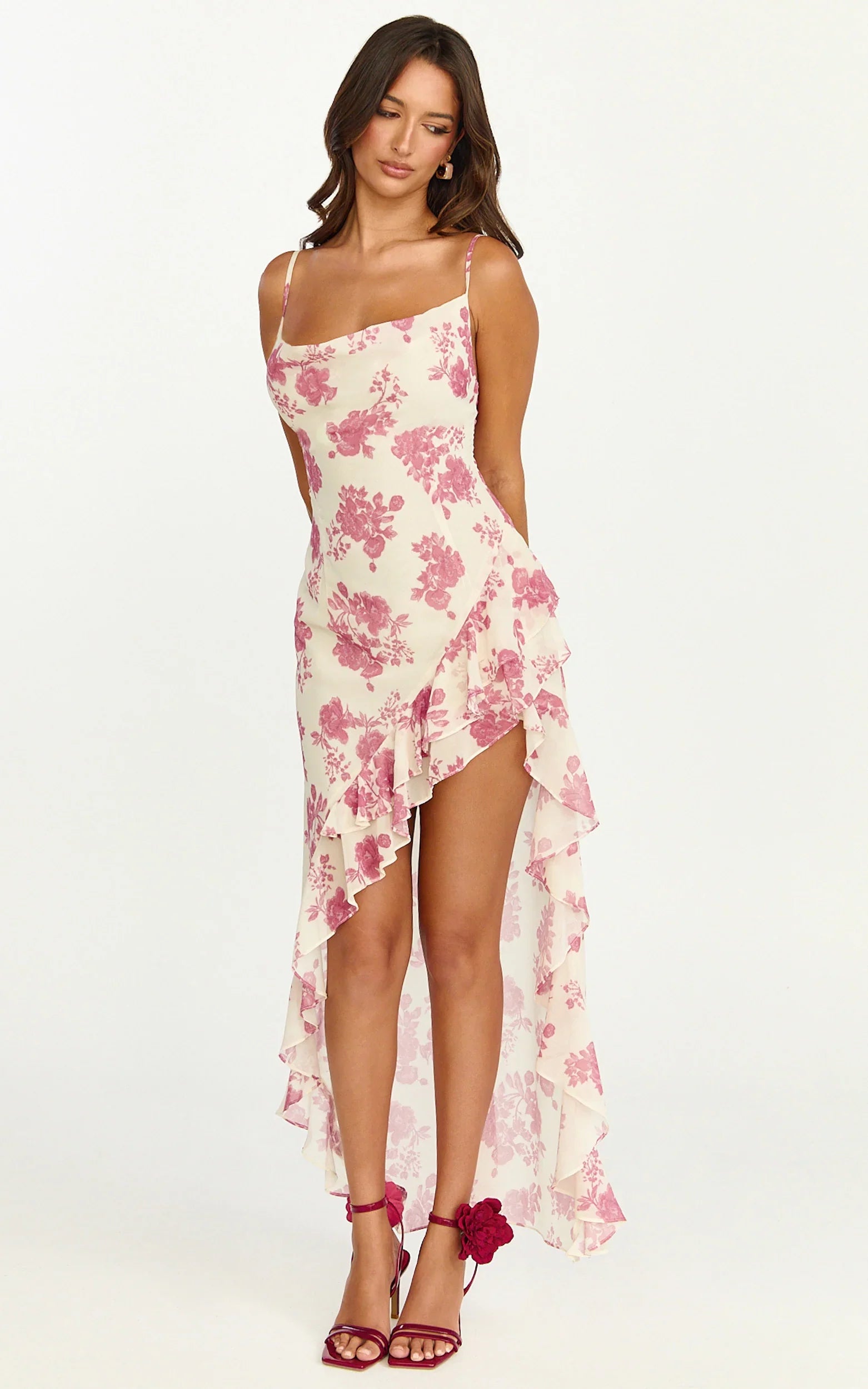 Robe longue Lila - Robe à col bénitier et jupe à volants asymétrique en imprimé Toile de Jouy