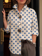 Women's Polka Dot Print Cotton Shirt — Lapel Collar Long Sleeve Casual Loose Fit