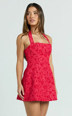 Mini-robe Gabbie - Robe jacquard coupe ajustée et évasée avec licou, rouge