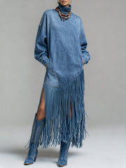 Ursime Daily Blue High Collar Lantern Sleeve Long Sleeve Strappy Western Pocket Denim Midi Dresses [Pre-Order]