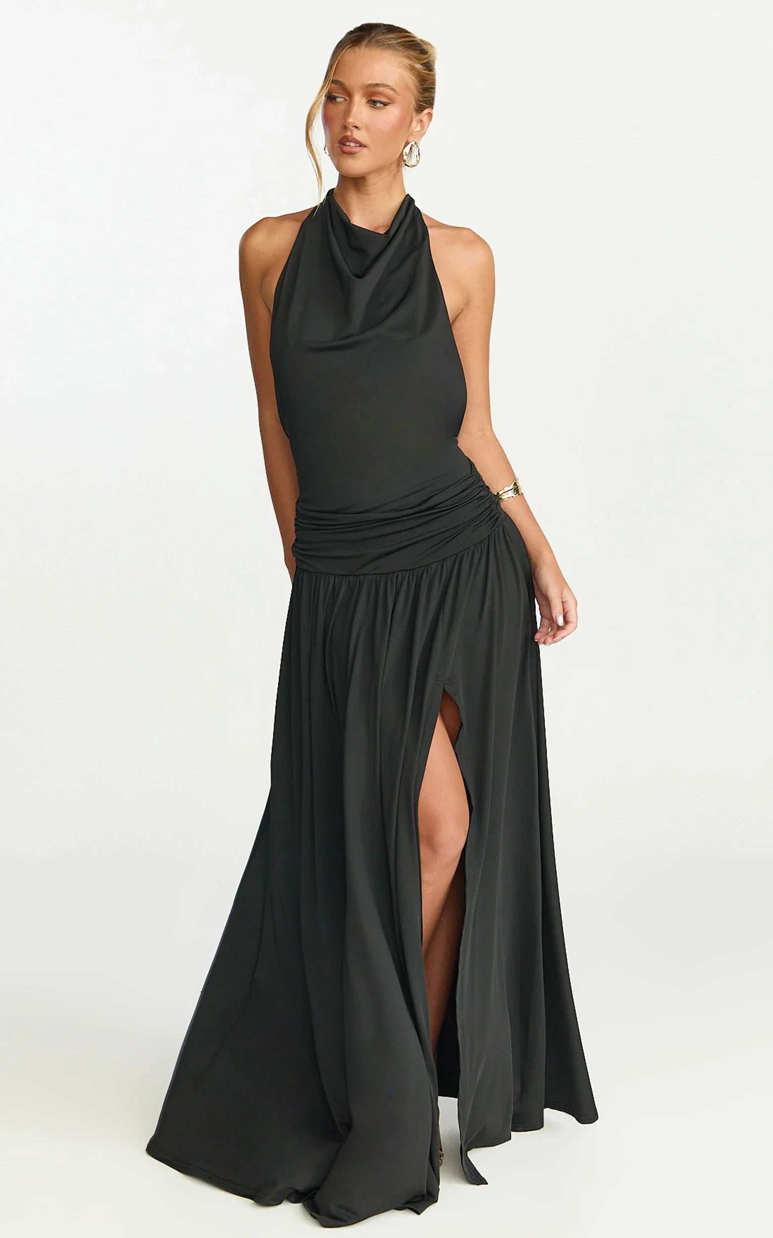Robe longue Sophia - Robe en jersey dos nu à col bénitier noir