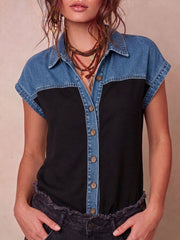 Women's Short-sleeve Casual Loose Top With Shirt Collar And Denim Splicing