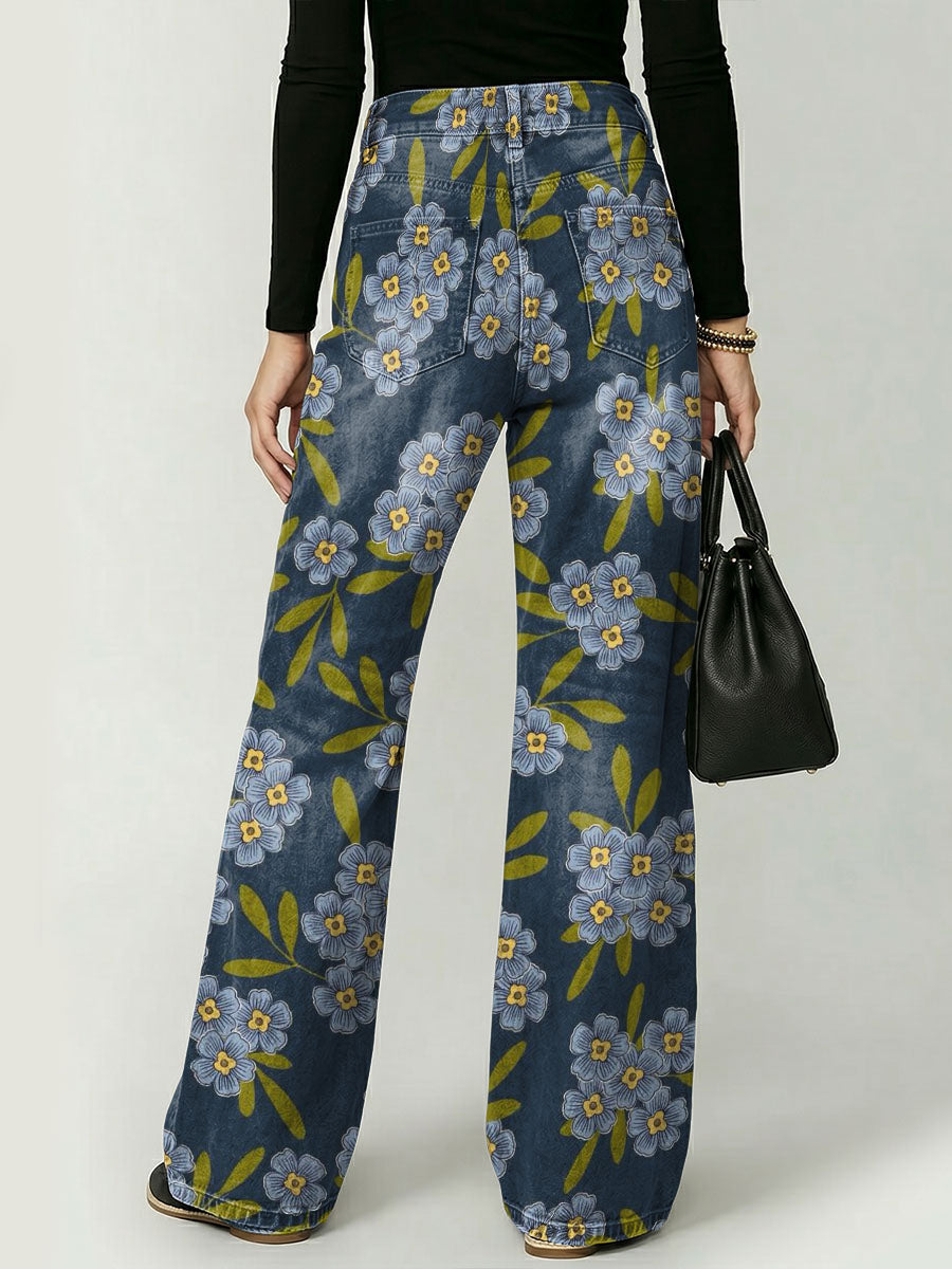 Elegant Floral Decorative Patterns Women's Casual Cotton Denim Pants
