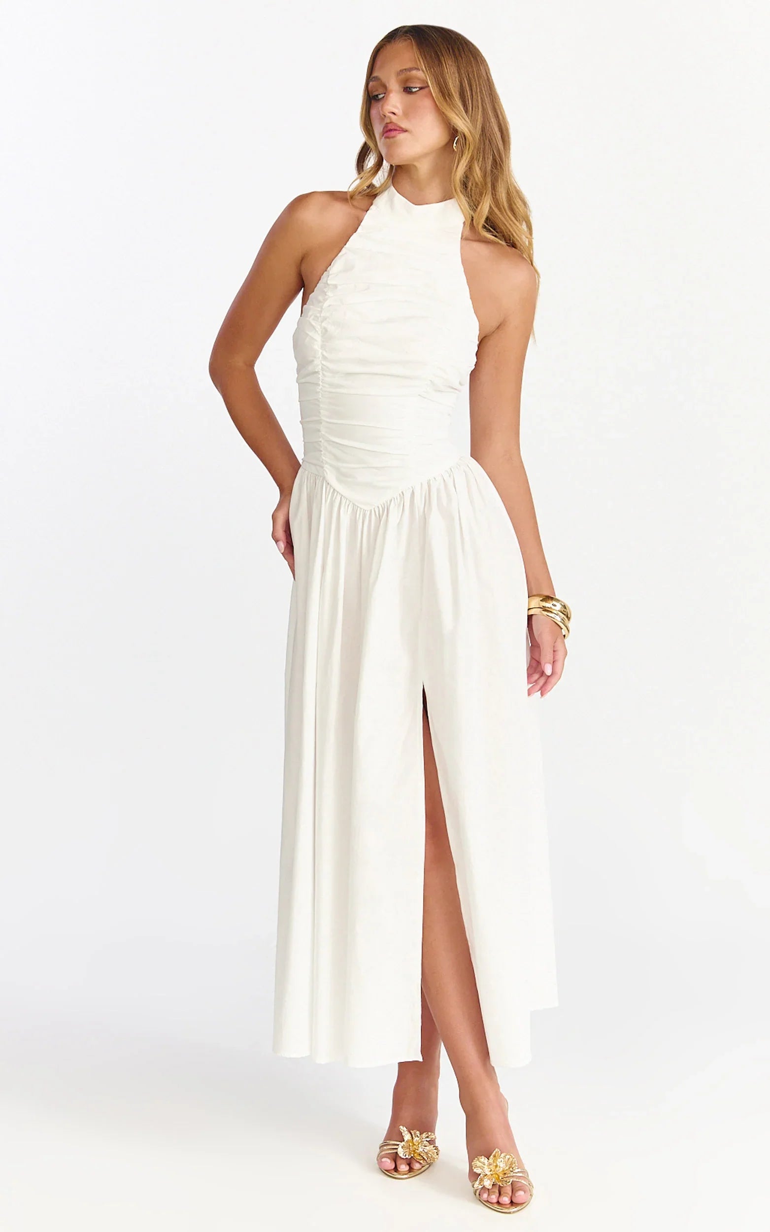 Robe midi Anya - Robe blanche dos nu froncée à taille basse