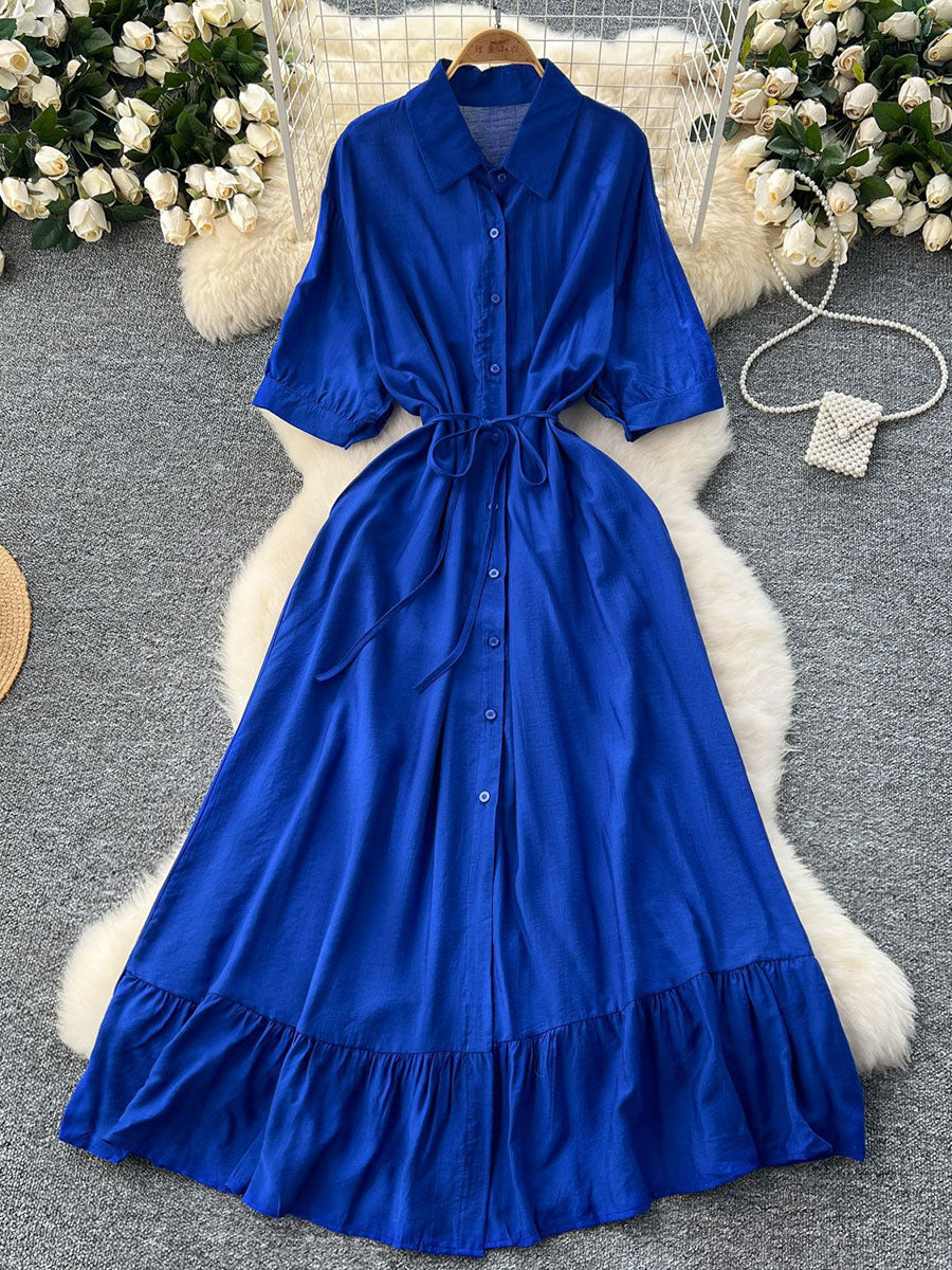 Women's Polo Collar Half Sleeves Single-breasted Waist-cinching Ruffles Midi Dress