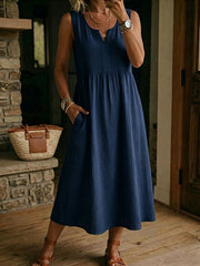 Women's V-neck Sleeveless Cotton-linen Dress