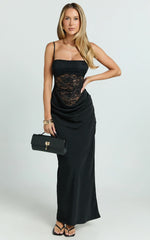 Robe longue Rania - Robe longue noire avec buste en dentelle contrastante, encolure bénitier et taille basse