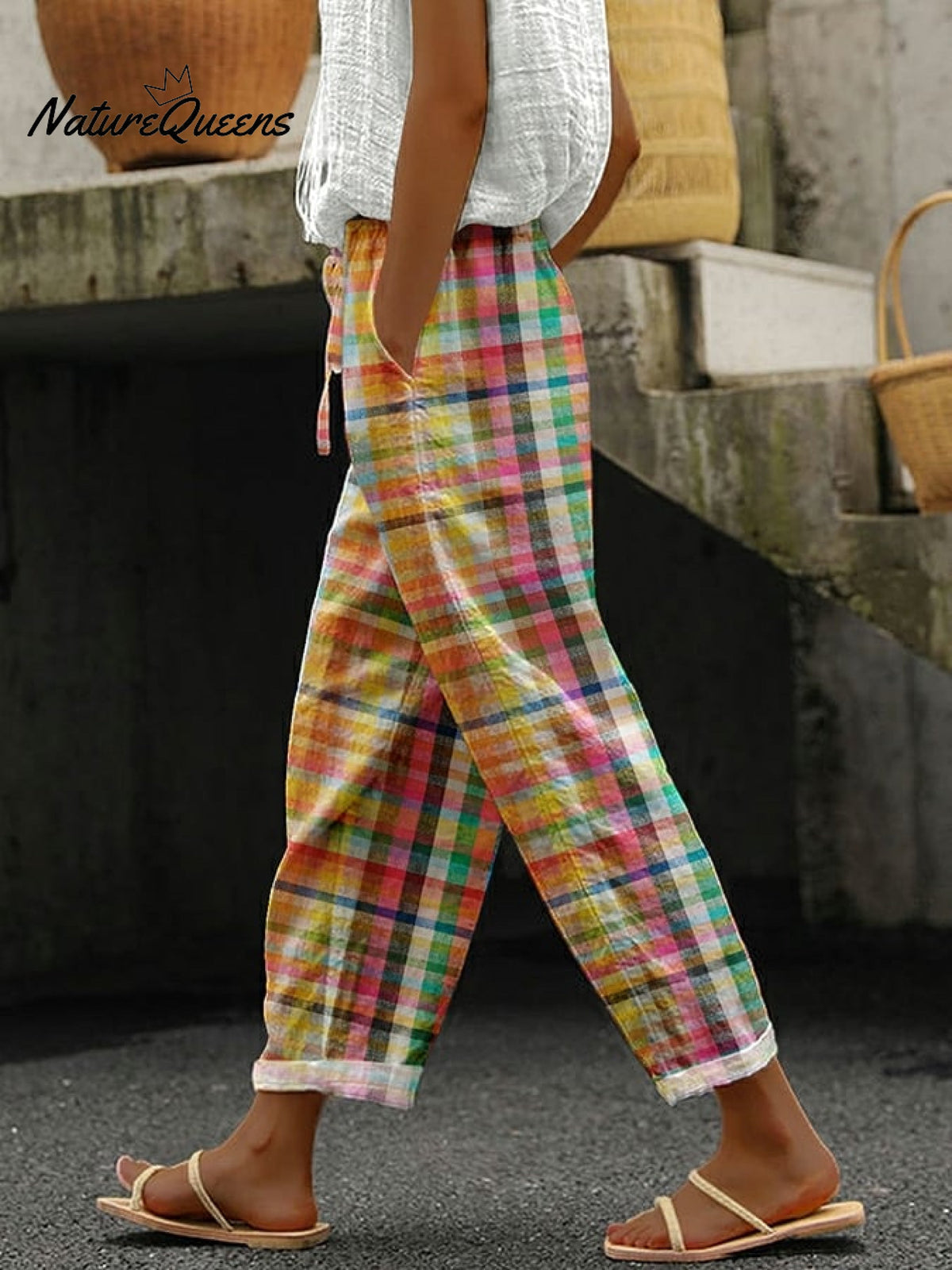 Vintage Check Print Lace-Up Casual Pants