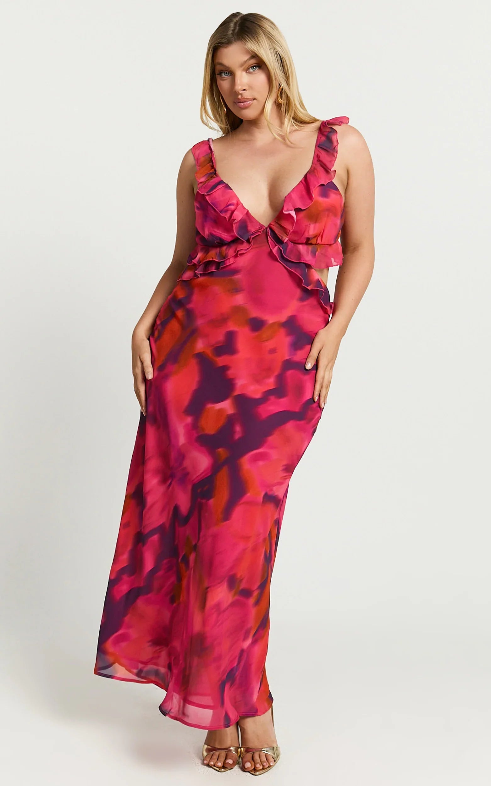 Robe longue Alessa - Col V à volants, taille empire et découpe au dos, imprimé Adeana