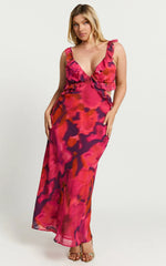 Robe longue Alessa - Col V à volants, taille empire et découpe au dos, imprimé Adeana